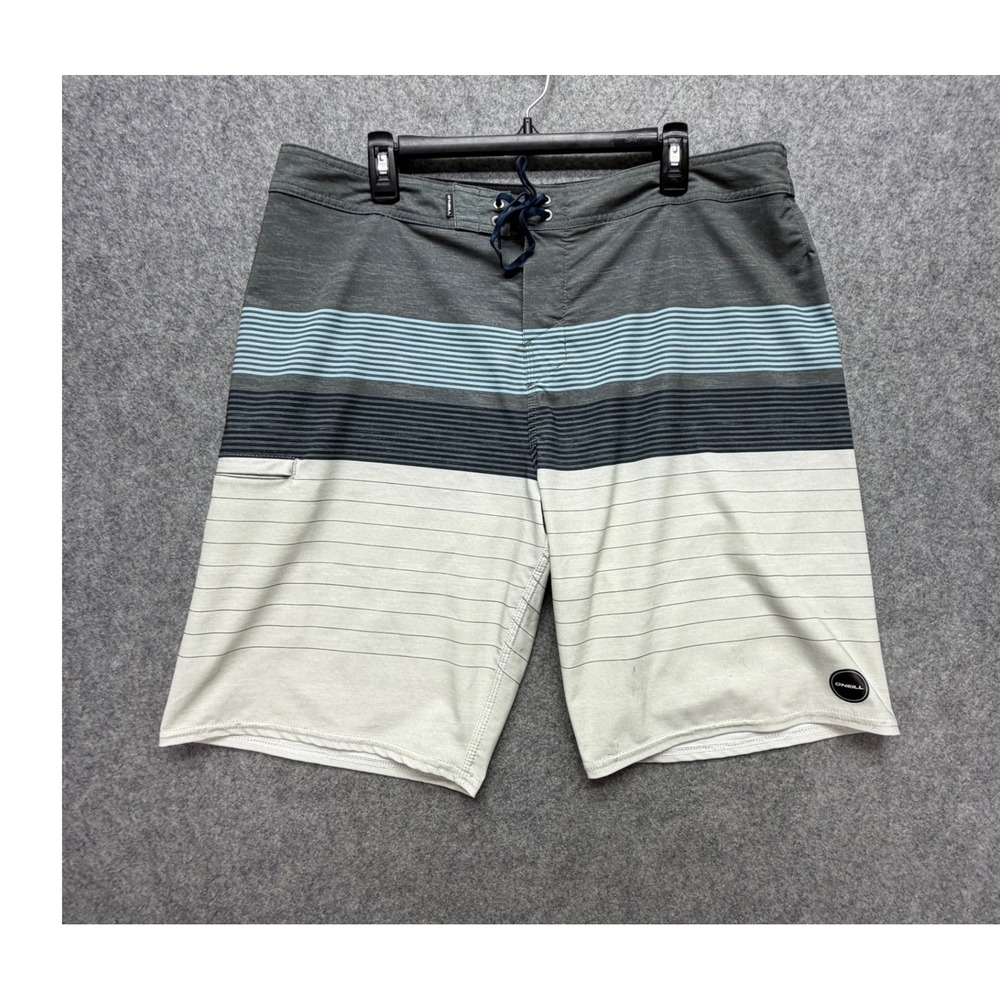 O'Neill Hyperfreak Mens Board Shorts Size 38 Grey White Striped Swim Trunks